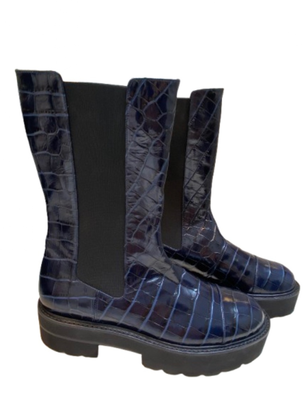 ✨NWOB✨ Stuart Weitzman Presley Ultralift Croc-Embossed Boots in Indigo Blue